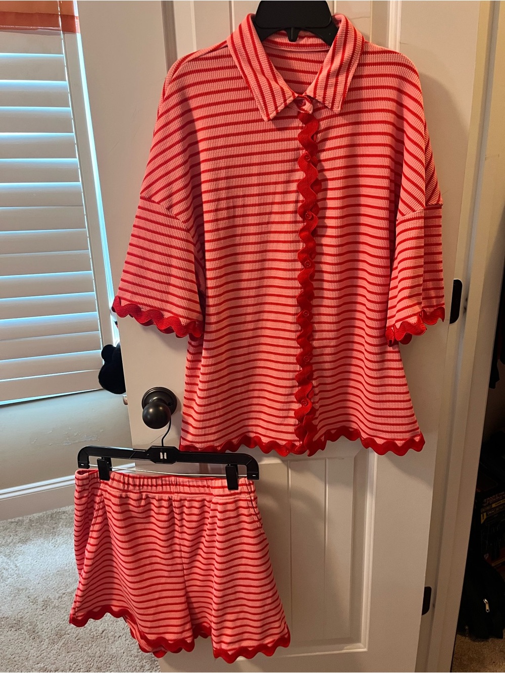 Striped Pink & Red Women’s Short Pajama Set - Button-Up Top & Elastic Shorts